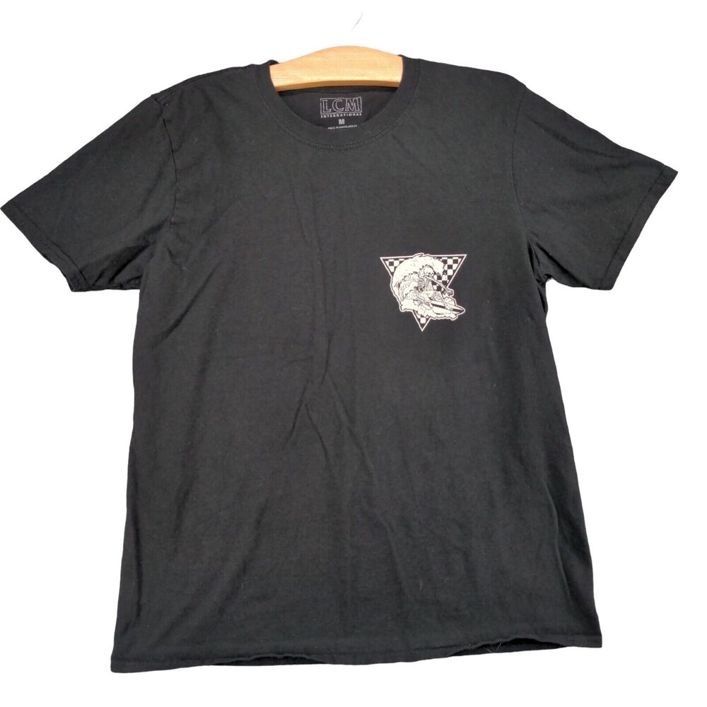 LCM Skeleton Surfing T-Shirt Mens Medium Short Sleeve Black Crew Neck Cotton
